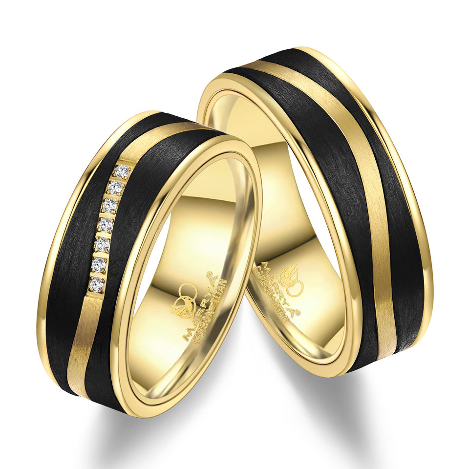 Partnerringe aus Carbon und Edelstahl mit Gelbgold-Plattierung