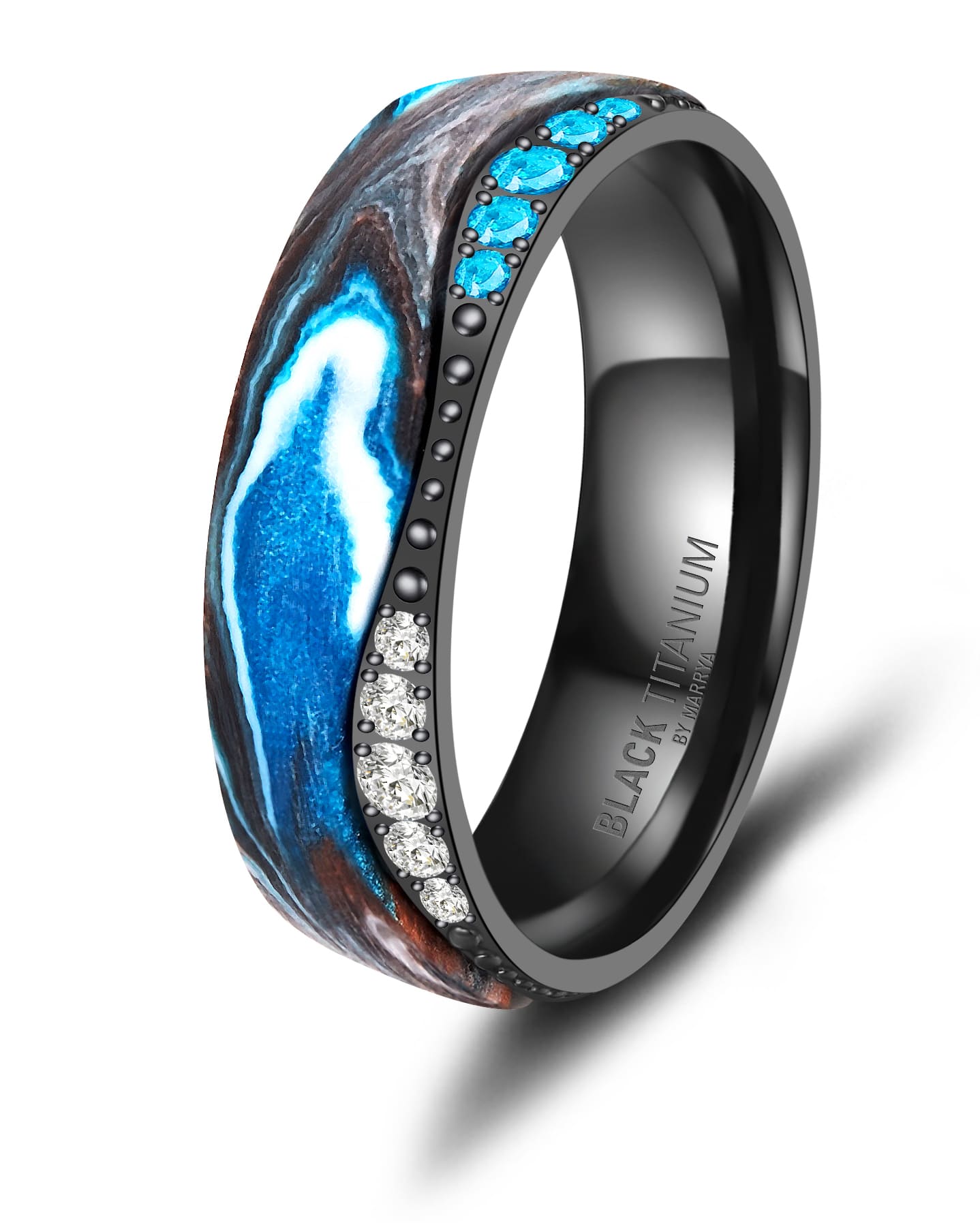 Partnerringe Black Titanium mit blauem Harzguss und weißen und hellblauen Zirkonias