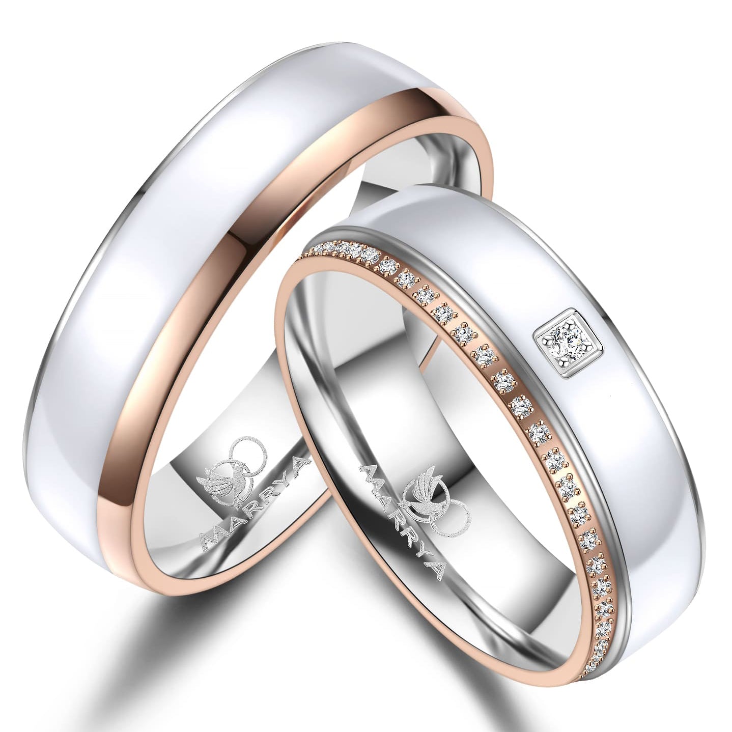 Partnerringe aus Edelstahl mit Roségold und weißer Emaille-Einlage