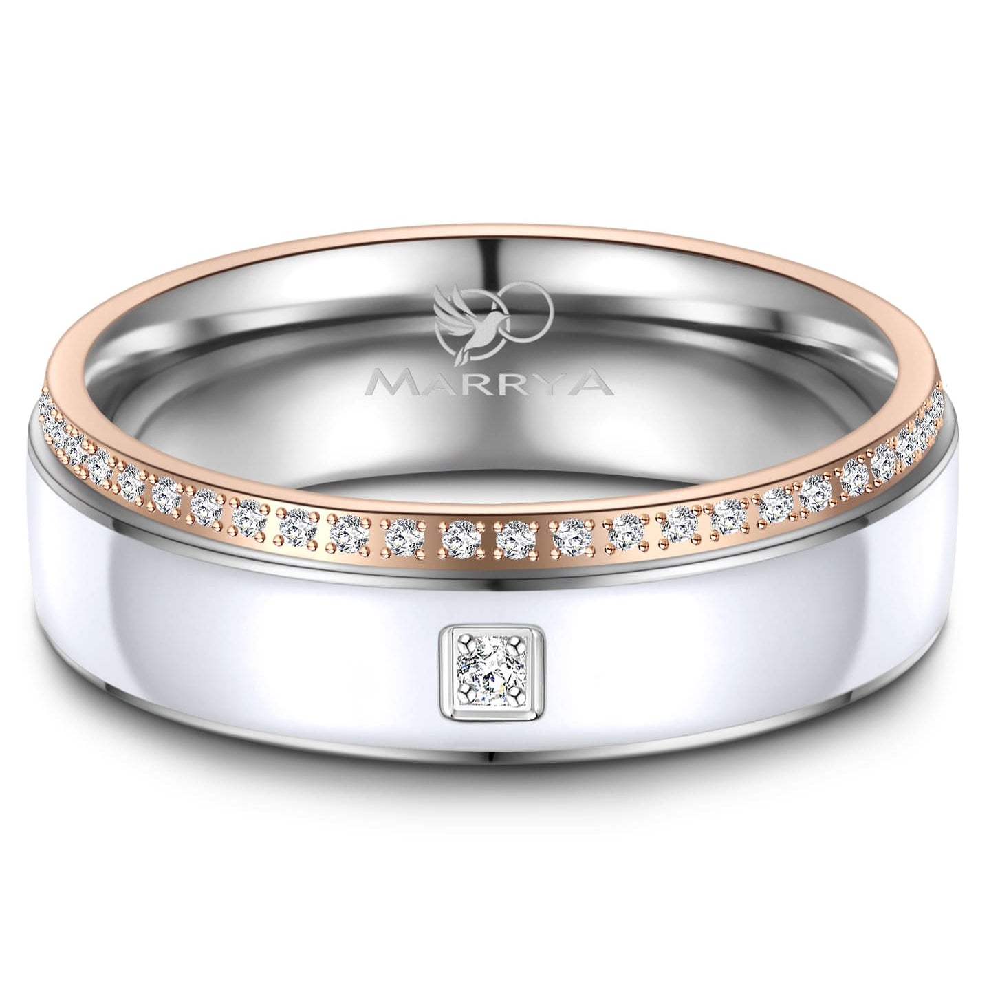 Partnerringe aus Edelstahl mit Roségold und weißer Emaille-Einlage