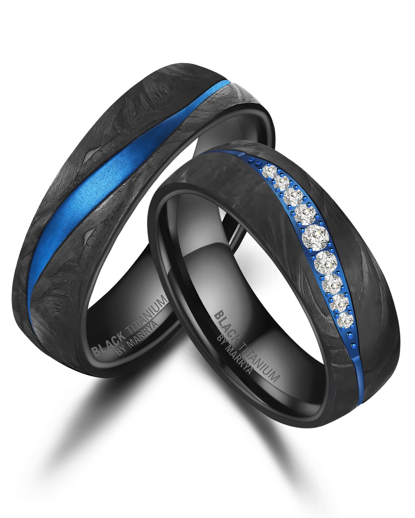 Partnerringe Black Titanium mit blauem Harzguss mit neun weißen Zirkonias