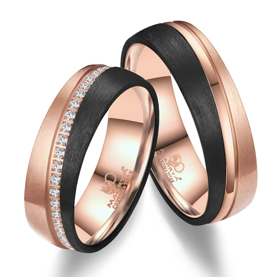 Partnerringe aus Carbon und Edelstahl mit Roségold-Plattierung