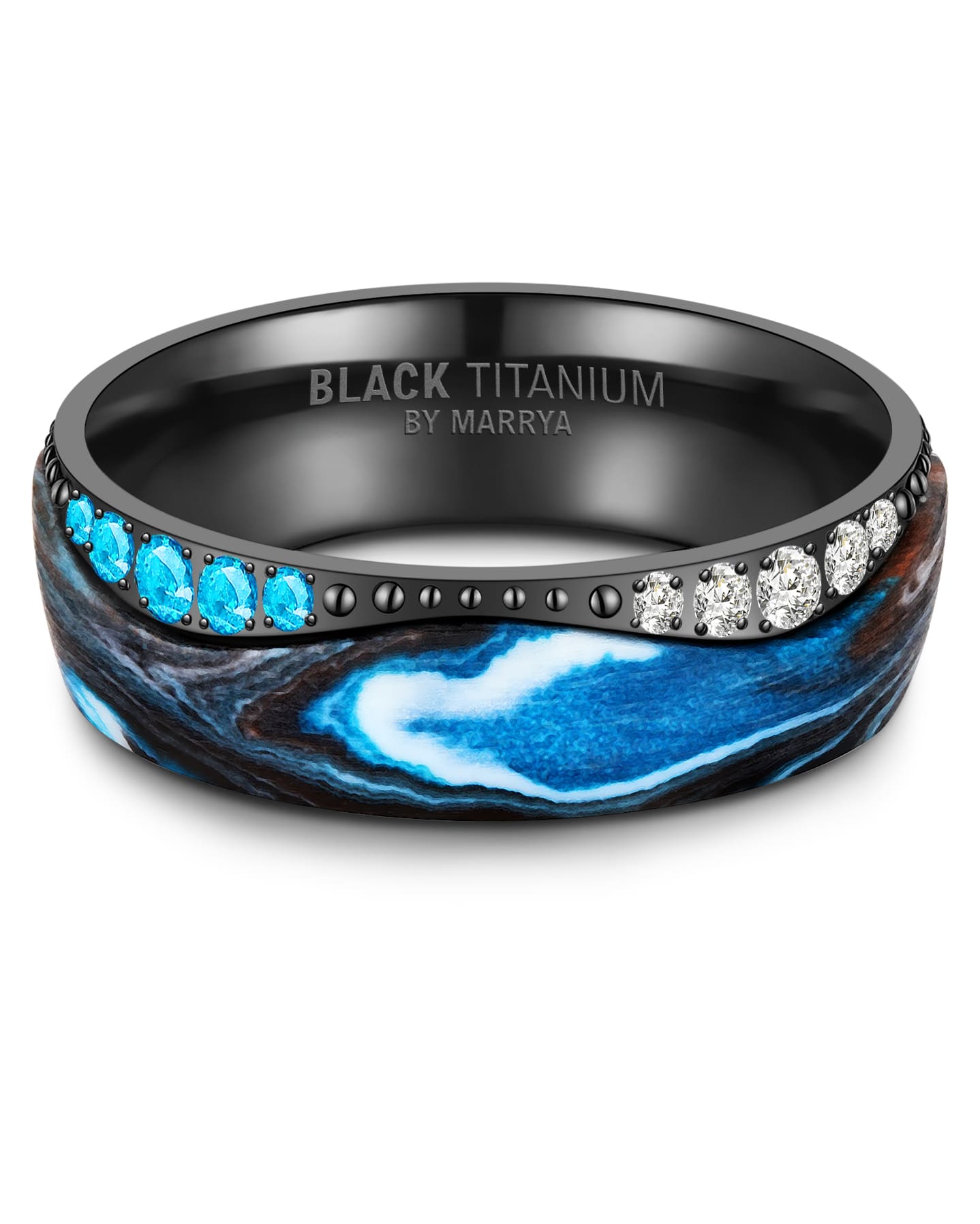Partnerringe Black Titanium mit blauem Harzguss und weißen und hellblauen Zirkonias