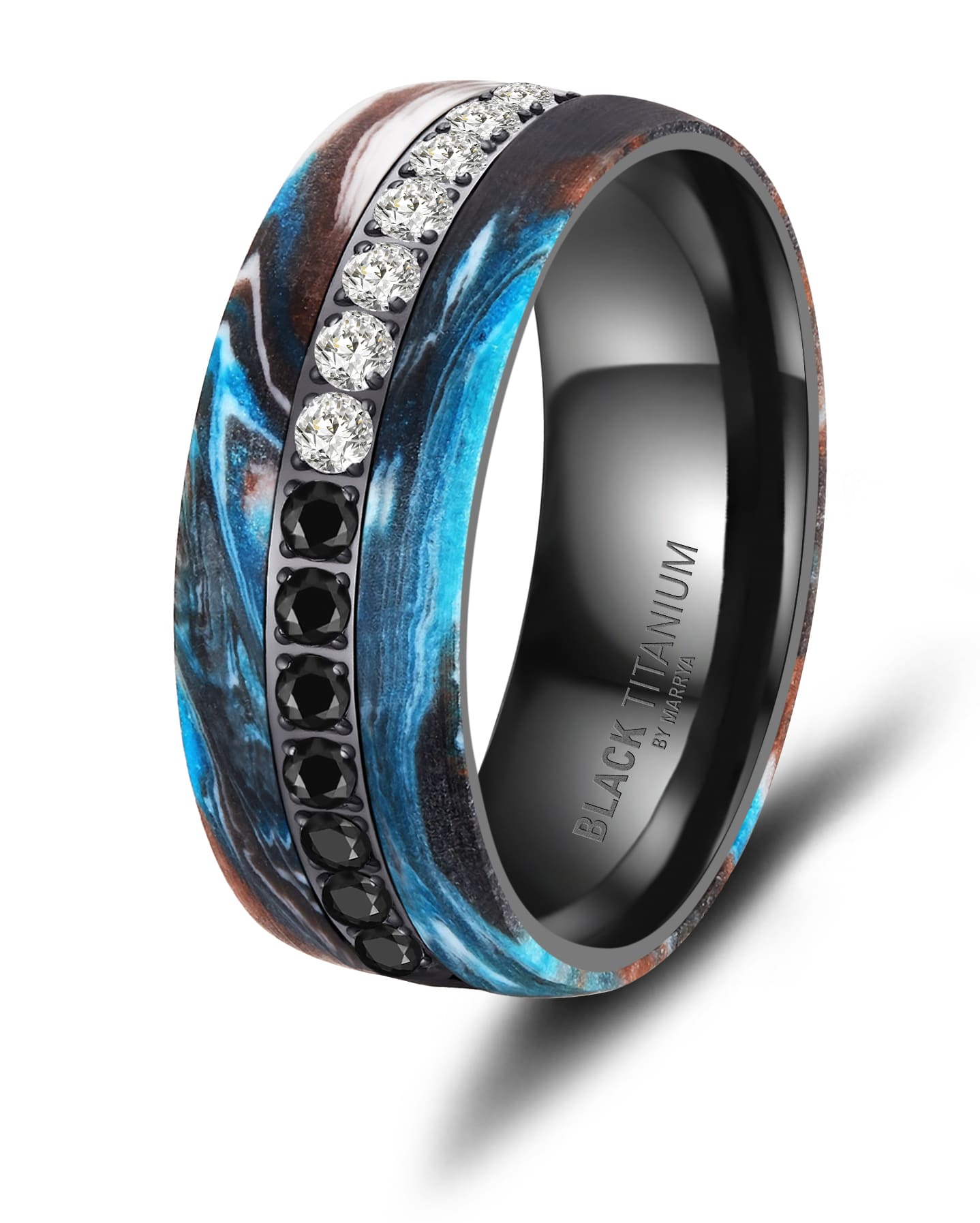 Partnerringe Black Titanium mit blauem Harzguss und rundherum mit weißen und schwarzen Zirkonias