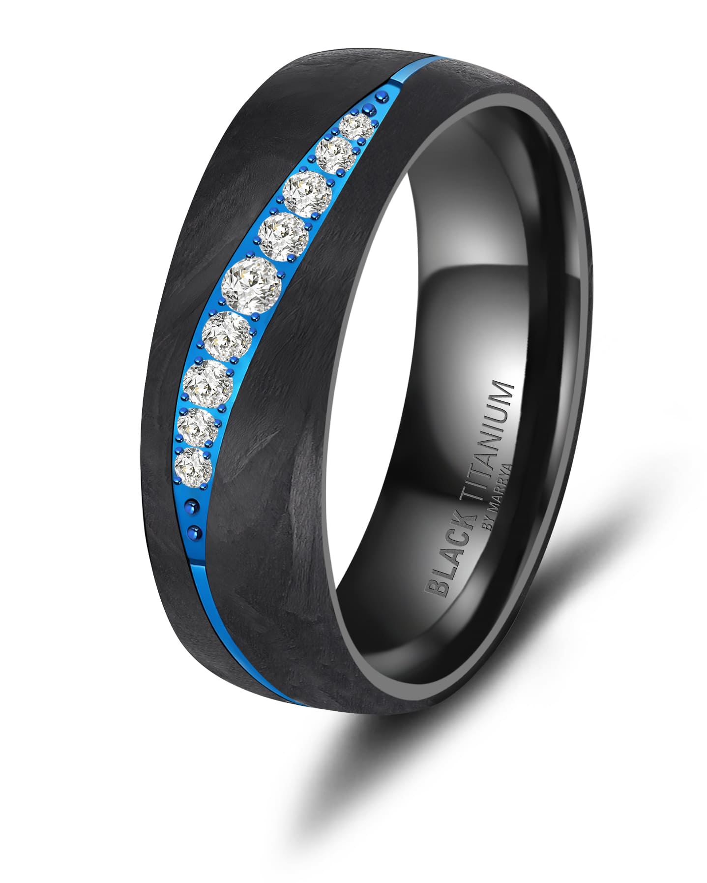 Partnerringe Black Titanium mit blauem Harzguss mit neun weißen Zirkonias