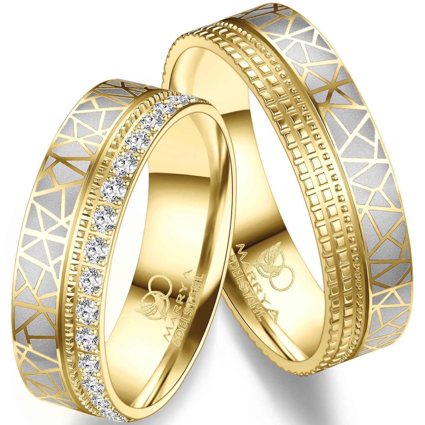 Partnerringe aus Edelstahl mit Gelbgold und Muster