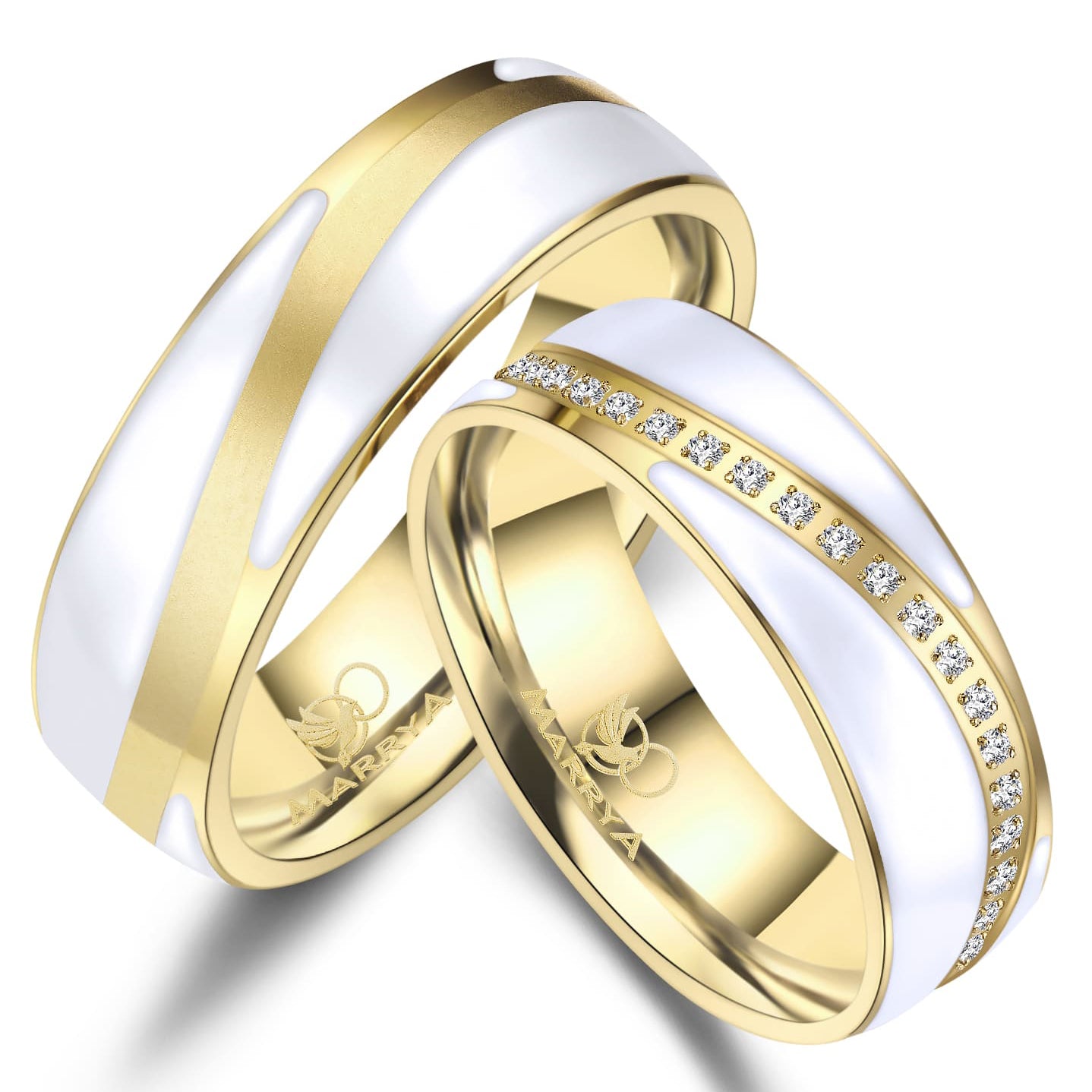 Partnerringe aus Edelstahl mit Gelbgold und weißer Emaille-Einlage