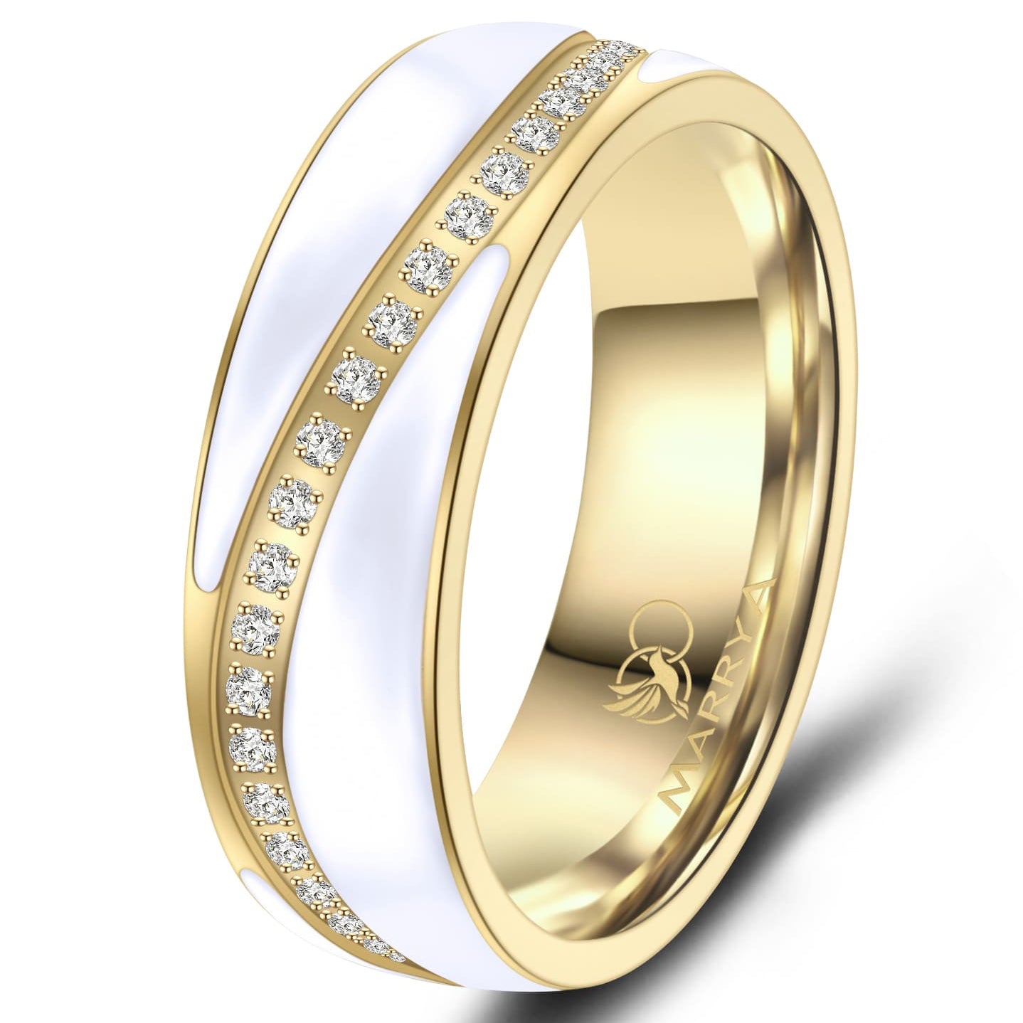 Partnerringe aus Edelstahl mit Gelbgold und weißer Emaille-Einlage
