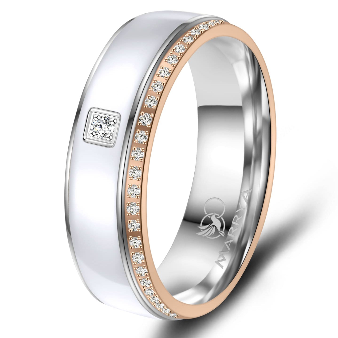 Partnerringe aus Edelstahl mit Roségold und weißer Emaille-Einlage