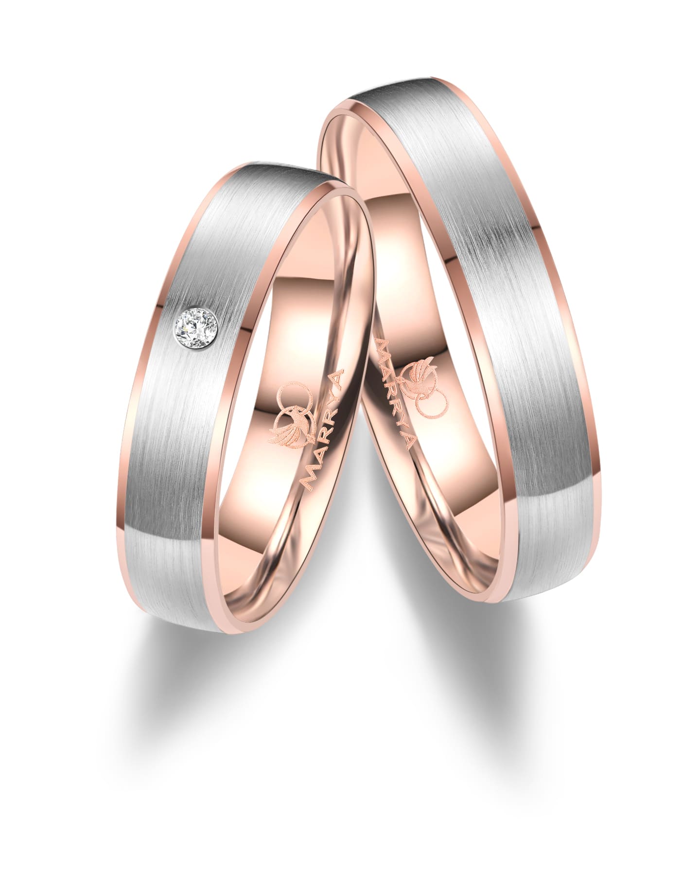 Partnerringe aus sandmattiertem Weißgold und Rotgold 333 mit einem Zirkonia