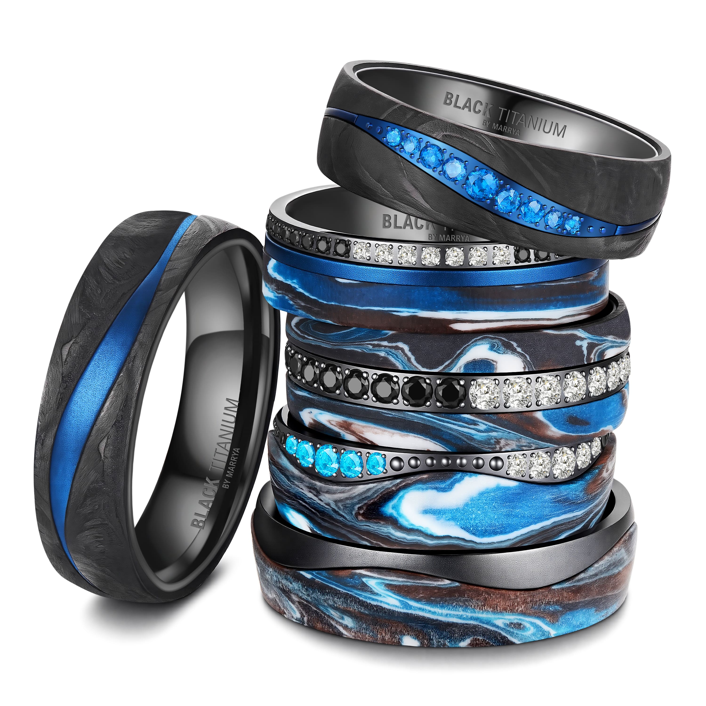 Partnerringe Black Titanium mit blauem Harzguss und weißen und hellblauen Zirkonias