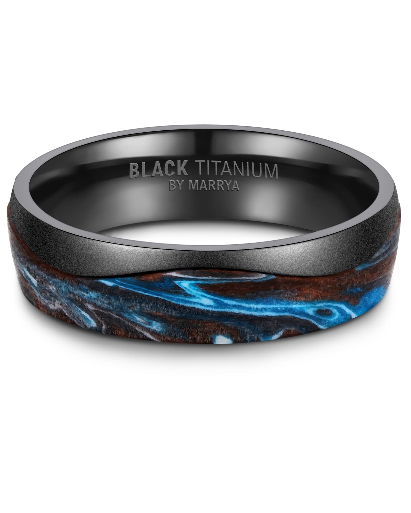 Partnerringe Black Titanium mit blauem Harzguss und weißen und hellblauen Zirkonias