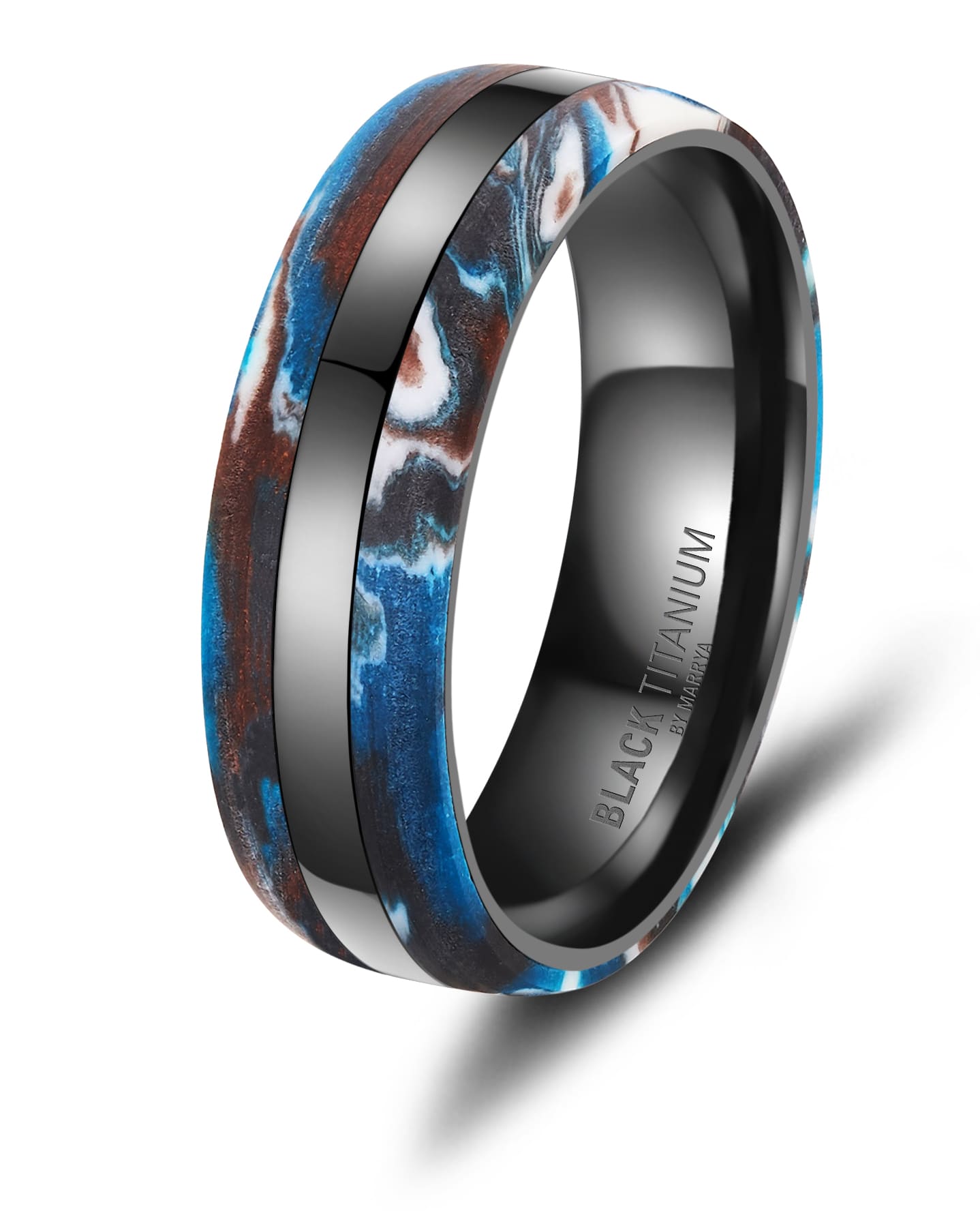 Partnerringe Black Titanium mit blauem Harzguss und rundherum mit weißen und schwarzen Zirkonias